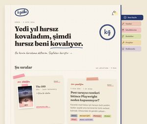 Startseite von kadir.gulec.tr: ein Papiernotizbuch mit farbigen Reitern rechts, einem handgezeichneten Logo und dem neuesten Film und Beitrag, mit Klebeband angeheftet